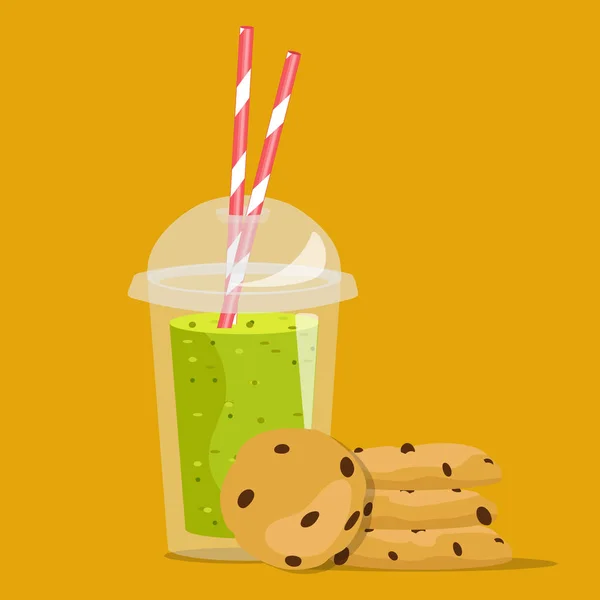 Cookie-k és egy átlátszó műanyag pohár smoothies. A ko — Stock Vector