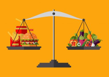 Sebze ve fast food ölçeklerde. Vektör. 