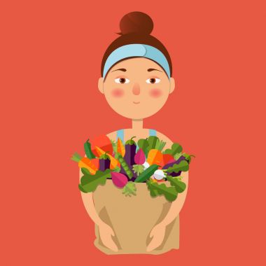 Bir kadın bir gıda sepeti tutuyor. Sağlıklı bir yaşam tarzı kavramı