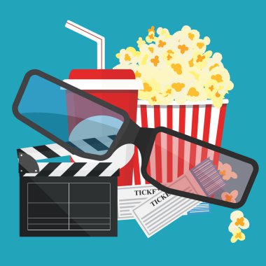 Vektör çizim. Patlamış mısır ve içki. Film şeridi sınır. Sinema