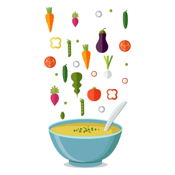 Heiße Schüssel Suppe, Teller isoliert Symbol. Suppe mit Gemüse — Stockvektor
