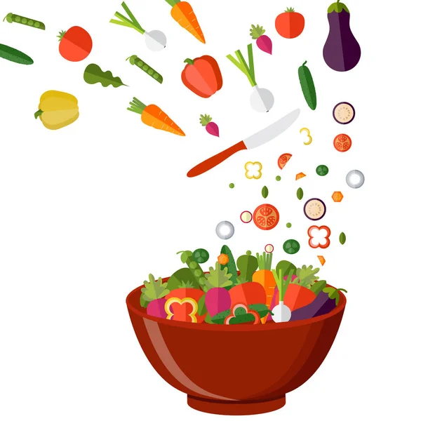 Salade met verse groenten koken. Vlakke stijl. Vector illustra — Stockvector