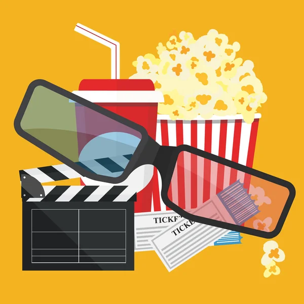 Vektör çizim. Patlamış mısır ve içki. Film şeridi sınır. Sinema