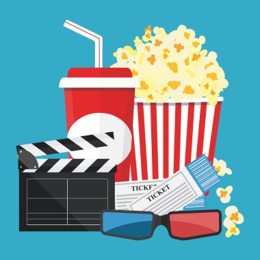 Vektör çizim. Patlamış mısır ve içki. Film şeridi sınır. Sinema