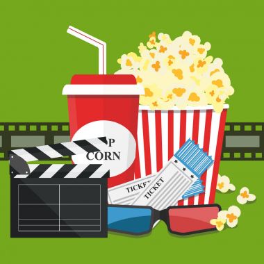 Vektör çizim. Patlamış mısır ve içki. Film şeridi sınır. Sinema