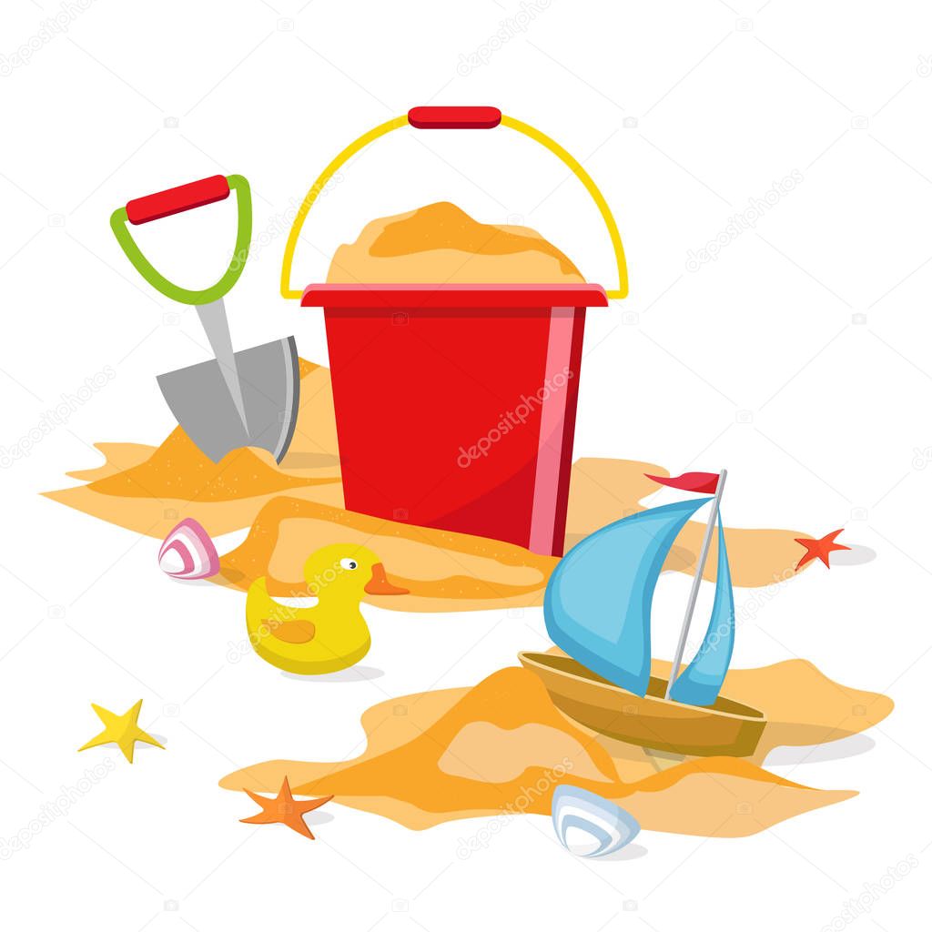 Beach toys isolated. Pail, shovel, starfish, bucket, duckling