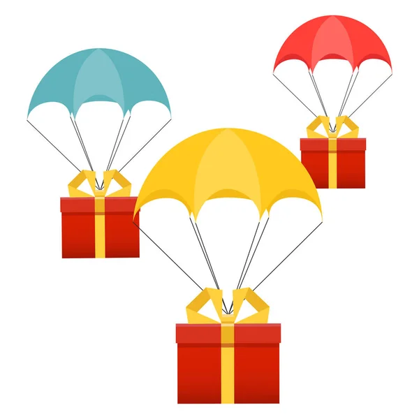 Lieferservice. Fallschirm mit Paket, Geschenk am Himmel. — Stockvektor