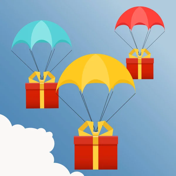 Lieferservice. Fallschirm mit Paket, Geschenk am Himmel. — Stockvektor