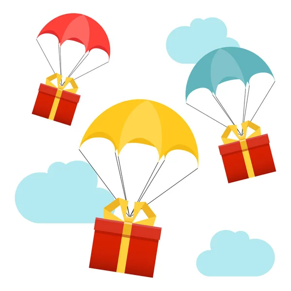 Lieferservice. Fallschirm mit Paket, Geschenk am Himmel. Urlaub — Stockvektor