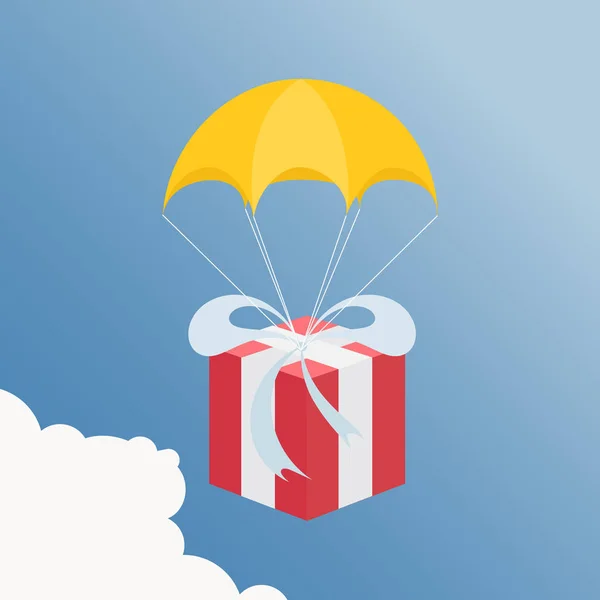 Servicio de entrega. Paracaídas con paquete, regalo en el cielo. Vacaciones — Archivo Imágenes Vectoriales