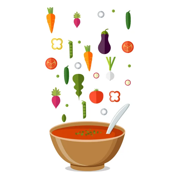 Het skål soppa, maträtt isolerade ikonen. Soppa med grönsaker som isolerade — Stock vektor