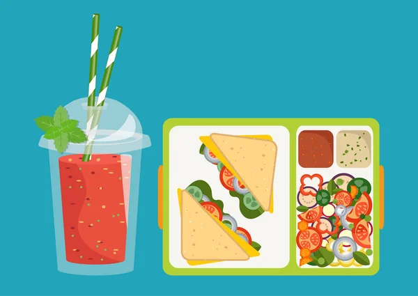 午餐盒和健康的食物。健康的生活方式的概念 — 图库矢量图片
