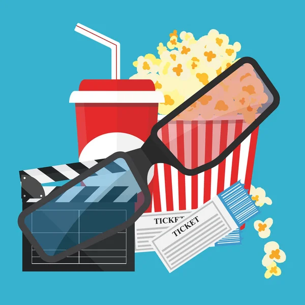 Vector illustration. Popcorn and drink. Film strip border. Cinema — Stock Vector