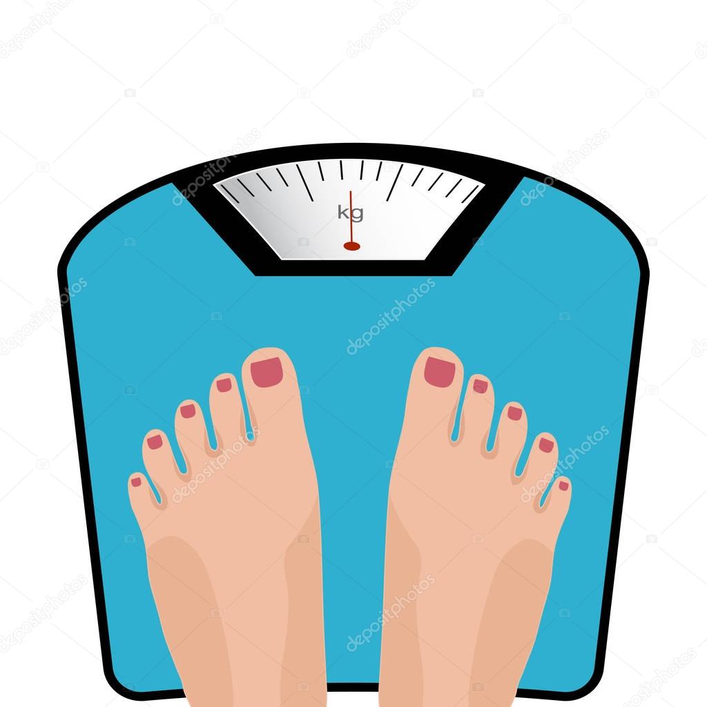 Fat man or woman standing on weight scale with heavy weight