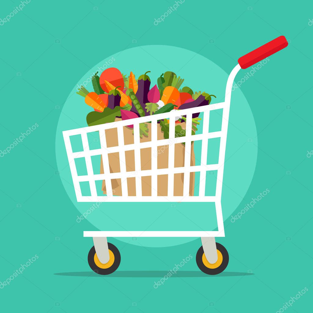 Supermarket shopping cart with fresh vegetables. Shopping, shipping and vegan concept isolated on background. Vector