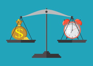 Vektör çizim. Para ve zaman ölçeği üstünde denge.
