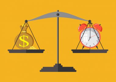 Vektör çizim. Para ve zaman ölçeği üstünde denge.