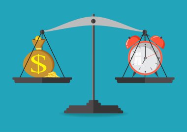 Vektör çizim. Para ve zaman ölçeği üstünde denge.