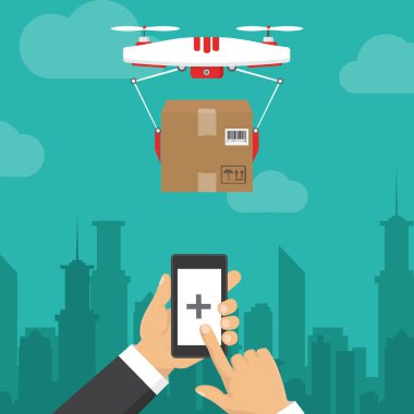 Dron parsel sunar. Hızlı, ücretsiz teslimat kavramı