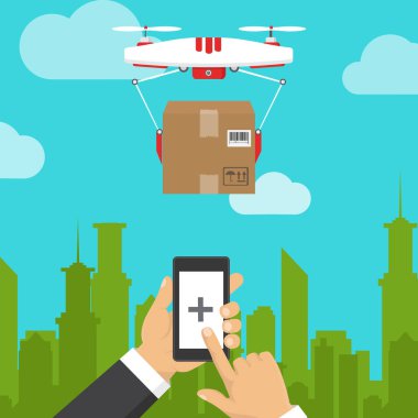 Dron parsel sunar. Hızlı, ücretsiz teslimat kavramı