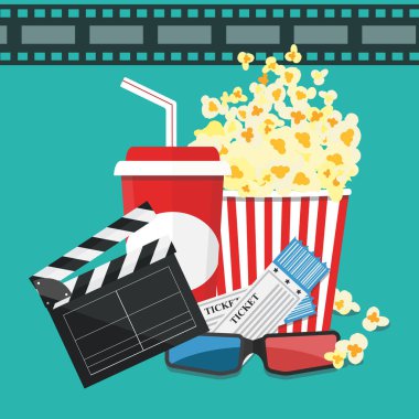 Vektör çizim. Patlamış mısır ve içki. Film şeridi kenarlık. 