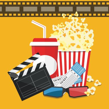 Vektör çizim. Patlamış mısır ve içki. Film şeridi kenarlık. 