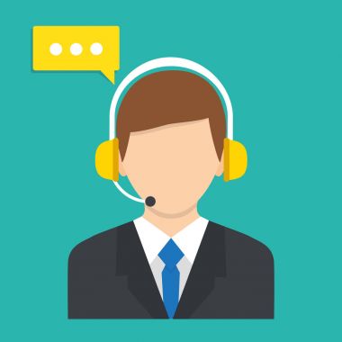 Kulaklıklı çağrı merkezi operatör simgesi. Erkek çağrı merkezi avatar.