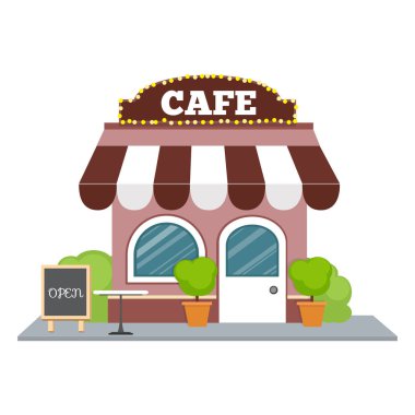 Düz izometrik tasarım. Renkli kafe izometrik Restoran Binası
