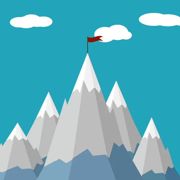 Concepto de negocio. Montañas. Bandera en la cima de la montaña — Vector de stock