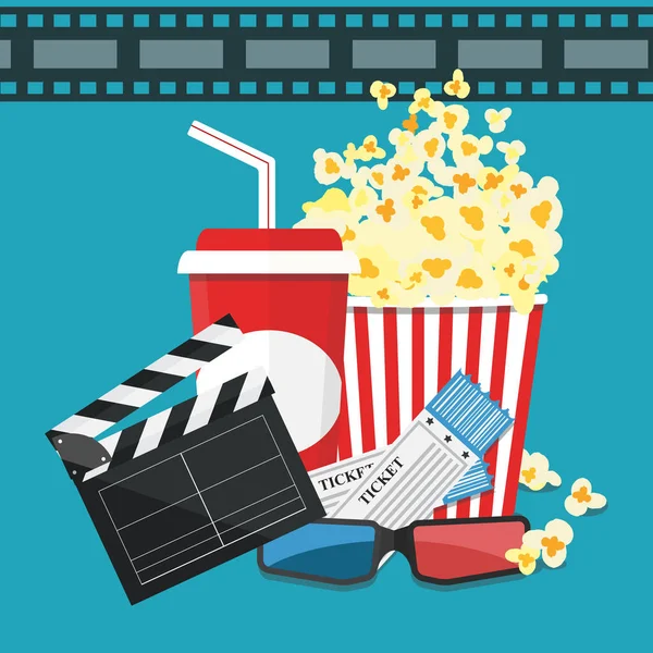 Vectorillustratie. Popcorn en drinken. Film strip grens. — Stockvector