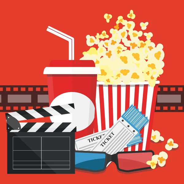 Vektorillustration. Popcorn und Getränk. Filmstreifenrand. — Stockvektor