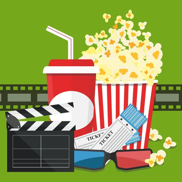 Vektorillustration. Popcorn und Getränk. Filmstreifenrand. — Stockvektor