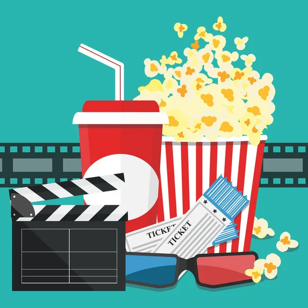 Vectorillustratie. Popcorn en drinken. Film strip grens. — Stockvector