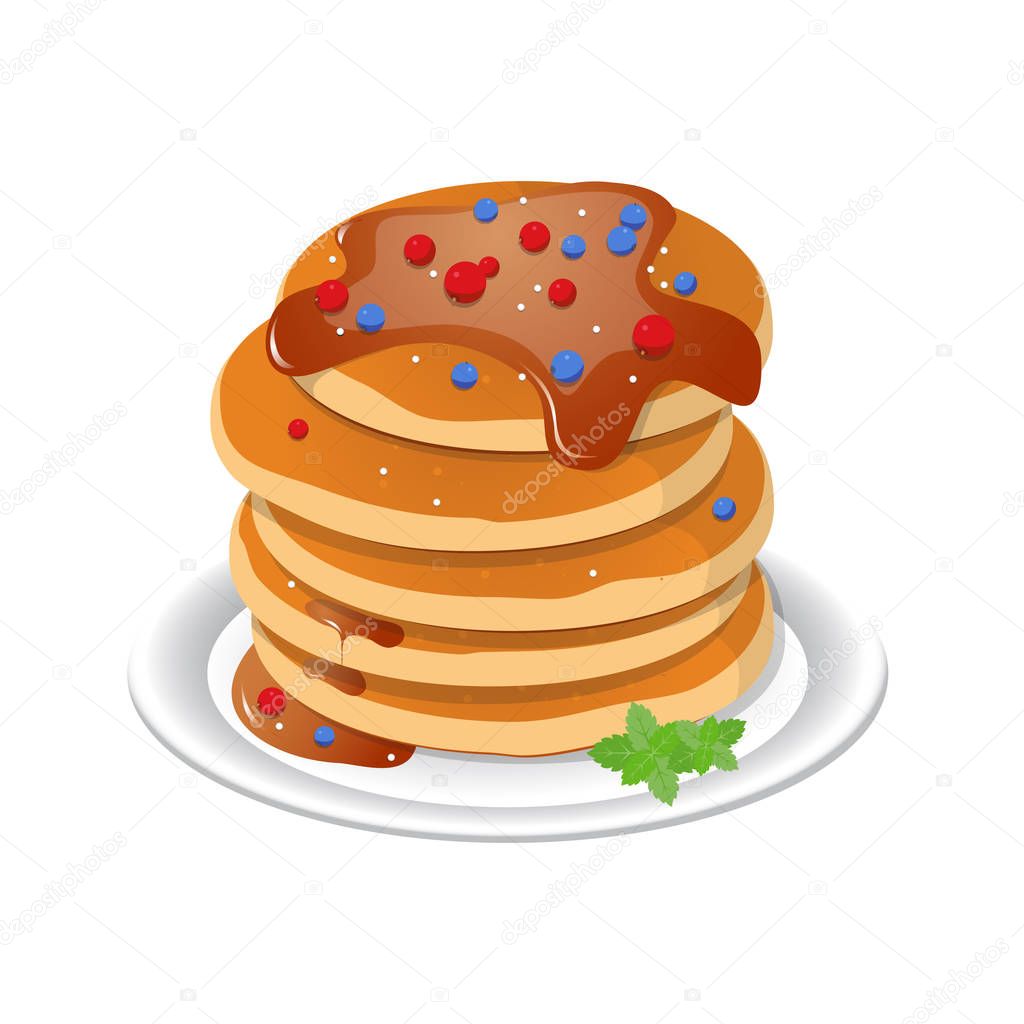 Vector illustration. Fresh tasty hot pancakes with sweet maple