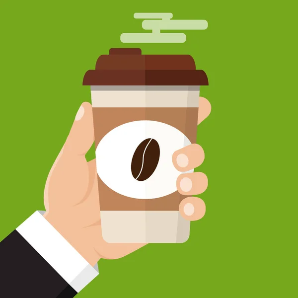 Hand met kopje warme drank. Koffie tijd, koffiepauze. — Stockvector