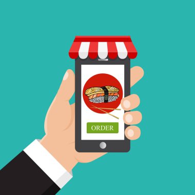 El üstünde belgili tanımlık perde smartphone suşi ile tutarak. Yemek siparişi