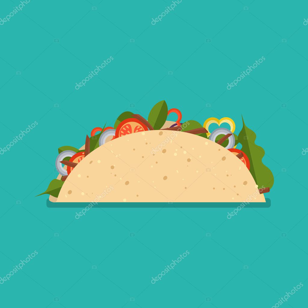 Taco mexican food isolated on background. Taco fast food, icon. Vector illustration flat style.