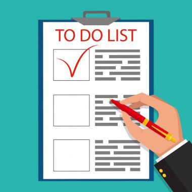 Bir belge ve kalem, yapılacaklar listesi işaretleri holding eller. İş