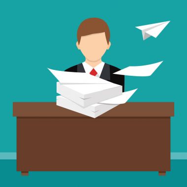 Düz stil vektör çizim. Meşgul darmadağın ofis masaları.