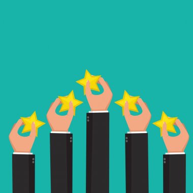 Derecelendirme yıldız holding eller. Geri bildirim kavramı. Vektör çizim