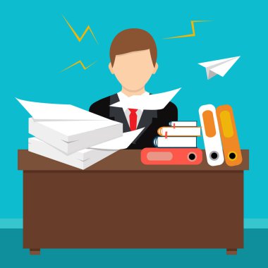 Düz stil vektör çizim. Meşgul darmadağın ofis masaları