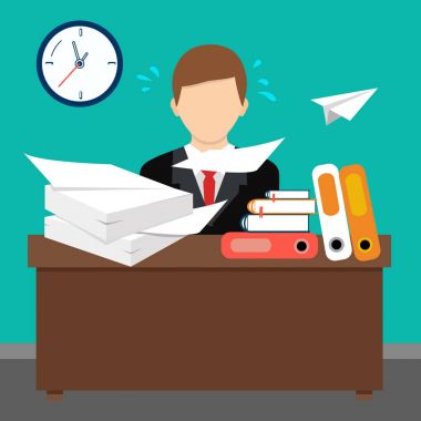 Düz stil vektör çizim. Meşgul darmadağın ofis masaları