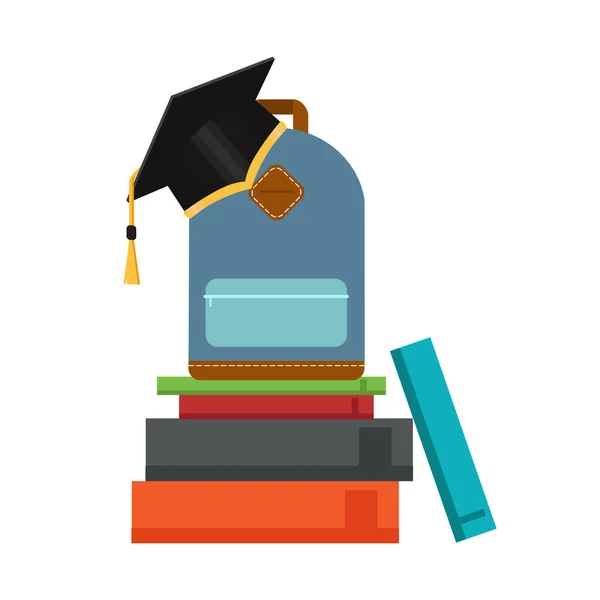 Icono de educación. Graduado en sombrero, libros, certificado. Vector — Vector de stock