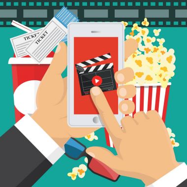 Sinema biletleri satır sırasını üzerinde. Smartphone uygulama. Vektör 