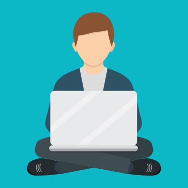 Laptop ile koltukta çalışan serbest çalışan adam. Serbest iş. FL