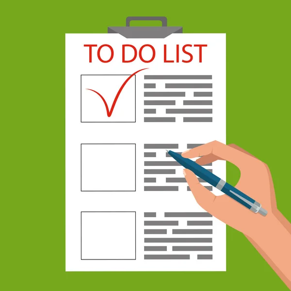 Handen met een document en pen, merken om lijst te doen. Business — Stockvector