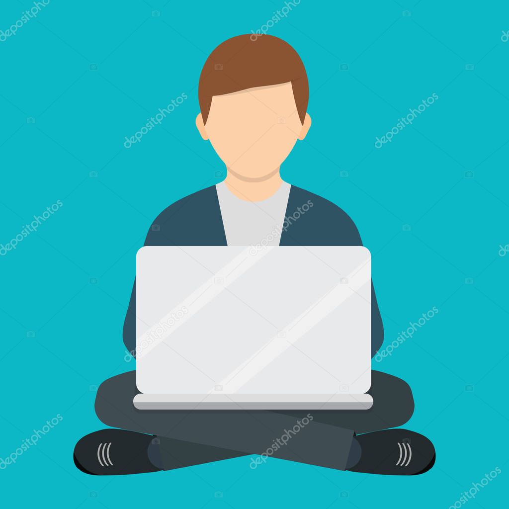 Freelance man working with laptop on armchair. Freelance job. Fl