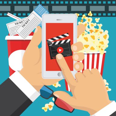 Sinema biletleri satır sırasını üzerinde. Smartphone uygulama. Vektör 