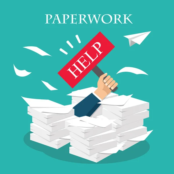 Overworked businessman under a paper pile, documents. — Stock Vector