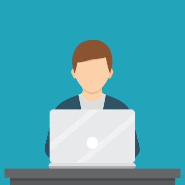 Düz tasarım, sosyal ağ. Laptop ile çalışan adam. Vektör çizim. 